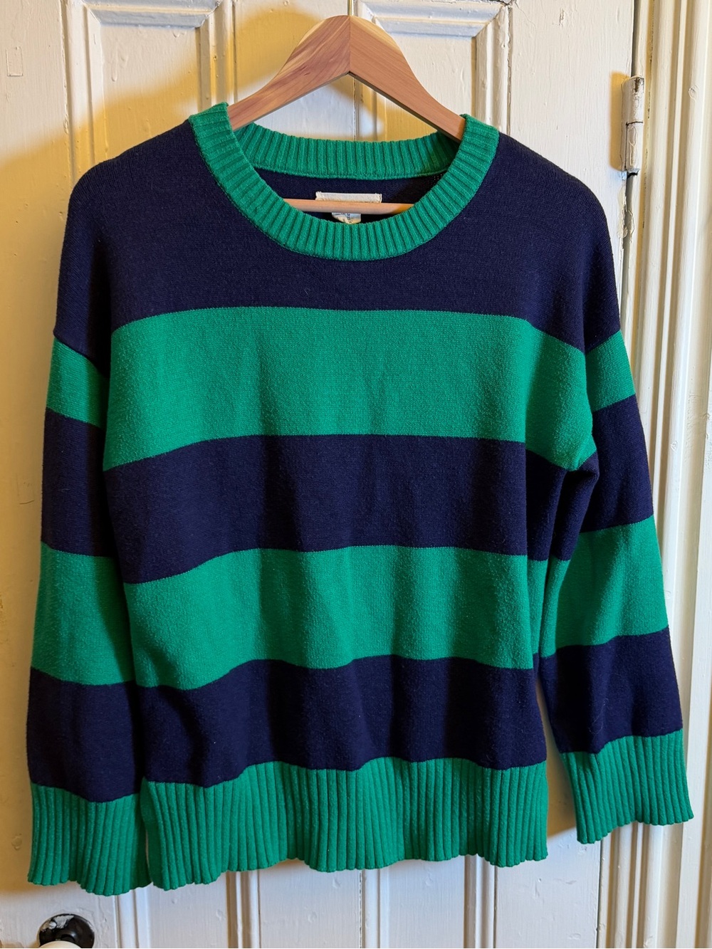 Happily Grey Striped Knit Sweater Medium Blue Green Crewneck Casual